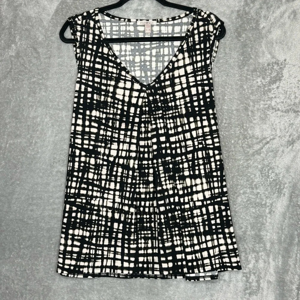 Roz & Ali 2X Shirt Top Black Tan Geometric Sleeveless V‎ Neck Stretch Womens
